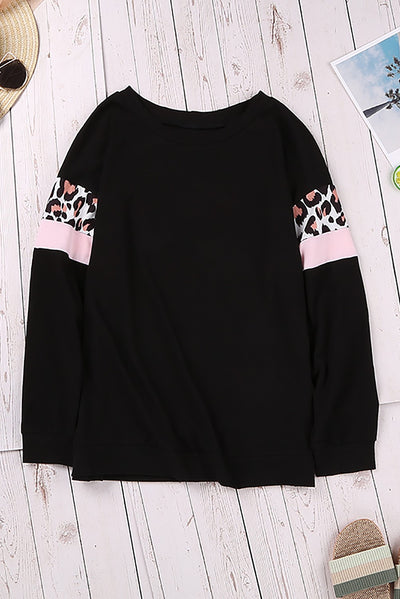 Long Sleeve Top With Leopard Accent-BLACK!