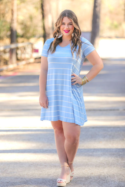 Perfect Fit V-Neck Striped Dress in Chambray