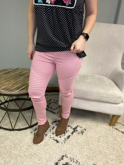 Locked and Ready Moto Jeggings-Pink